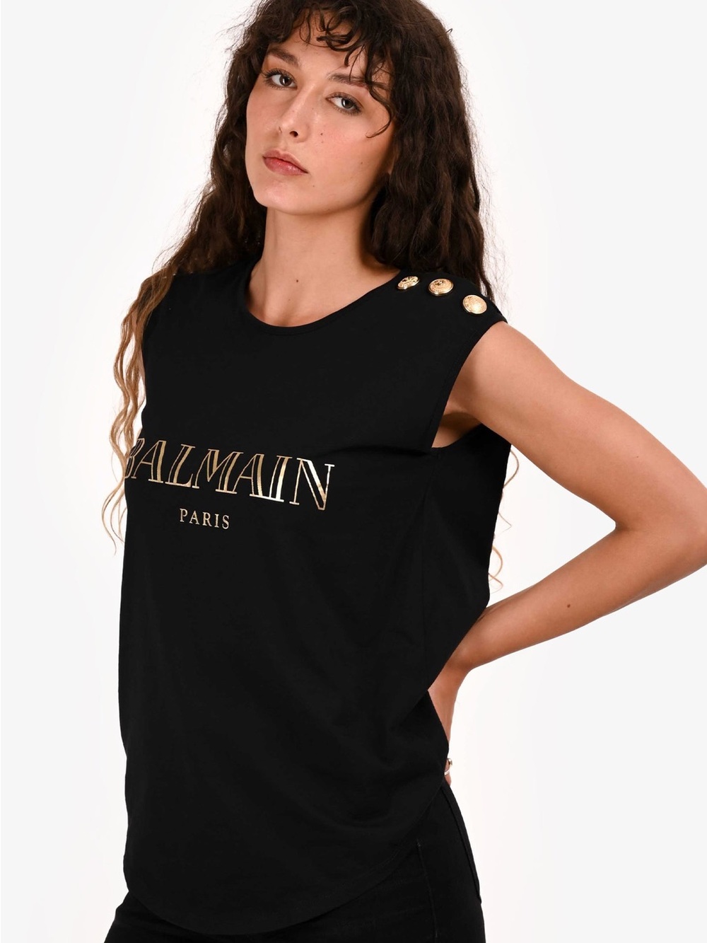 Balmain Black Tank with Gold Logo & Shoulder Buttons
